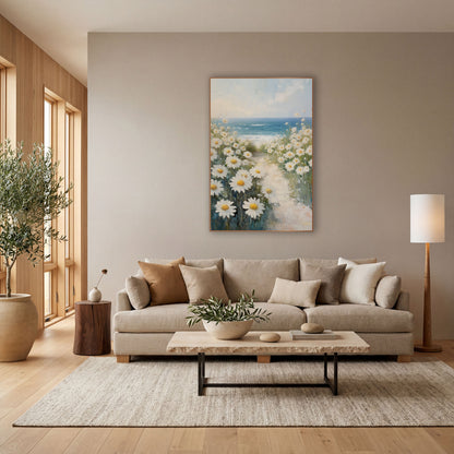 White Daisy Seaside Path Coastal wall art in a bright coastal-style room – white daisies with yellow centers line