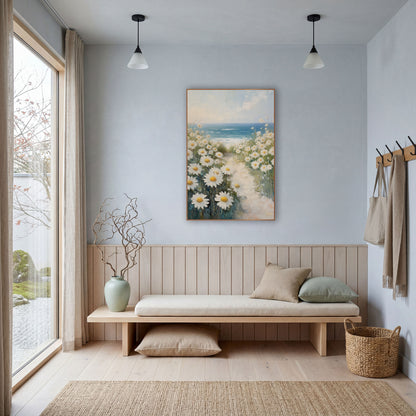 White Daisy Seaside Path Coastal wall art in a bright coastal-style room – white daisies with yellow centers line