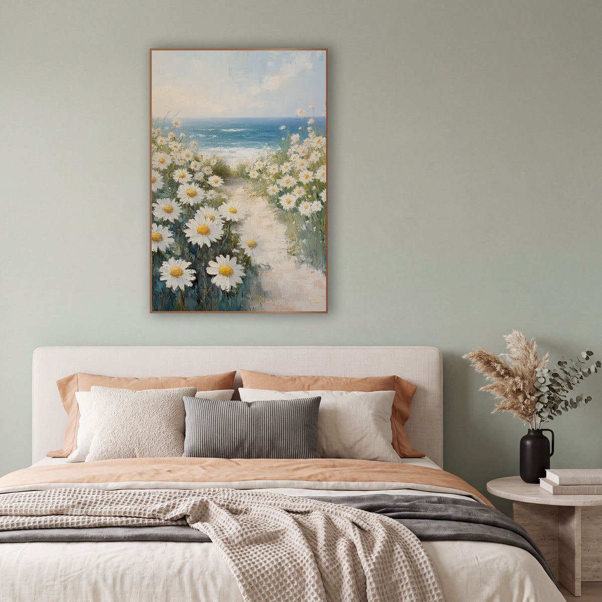 White Daisy Seaside Path Coastal wall art in a bright coastal-style room – white daisies with yellow centers line