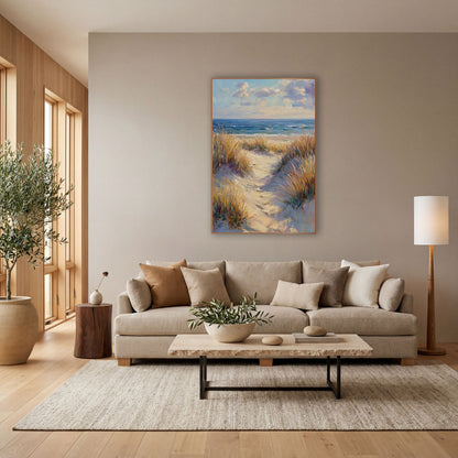 Sunlit Dune Path Coastal Seascape wall art in a bright coastal-style room – sandy dune path between golden beach grass