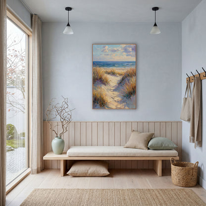 Sunlit Dune Path Coastal Seascape wall art in a bright coastal-style room – sandy dune path between golden beach grass