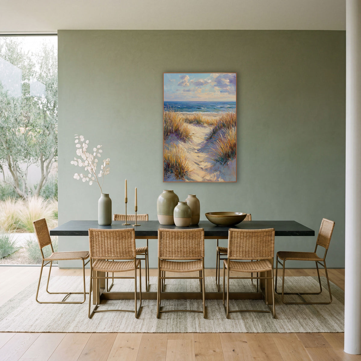 Sunlit Dune Path Coastal Seascape wall art in a bright coastal-style room – sandy dune path between golden beach grass