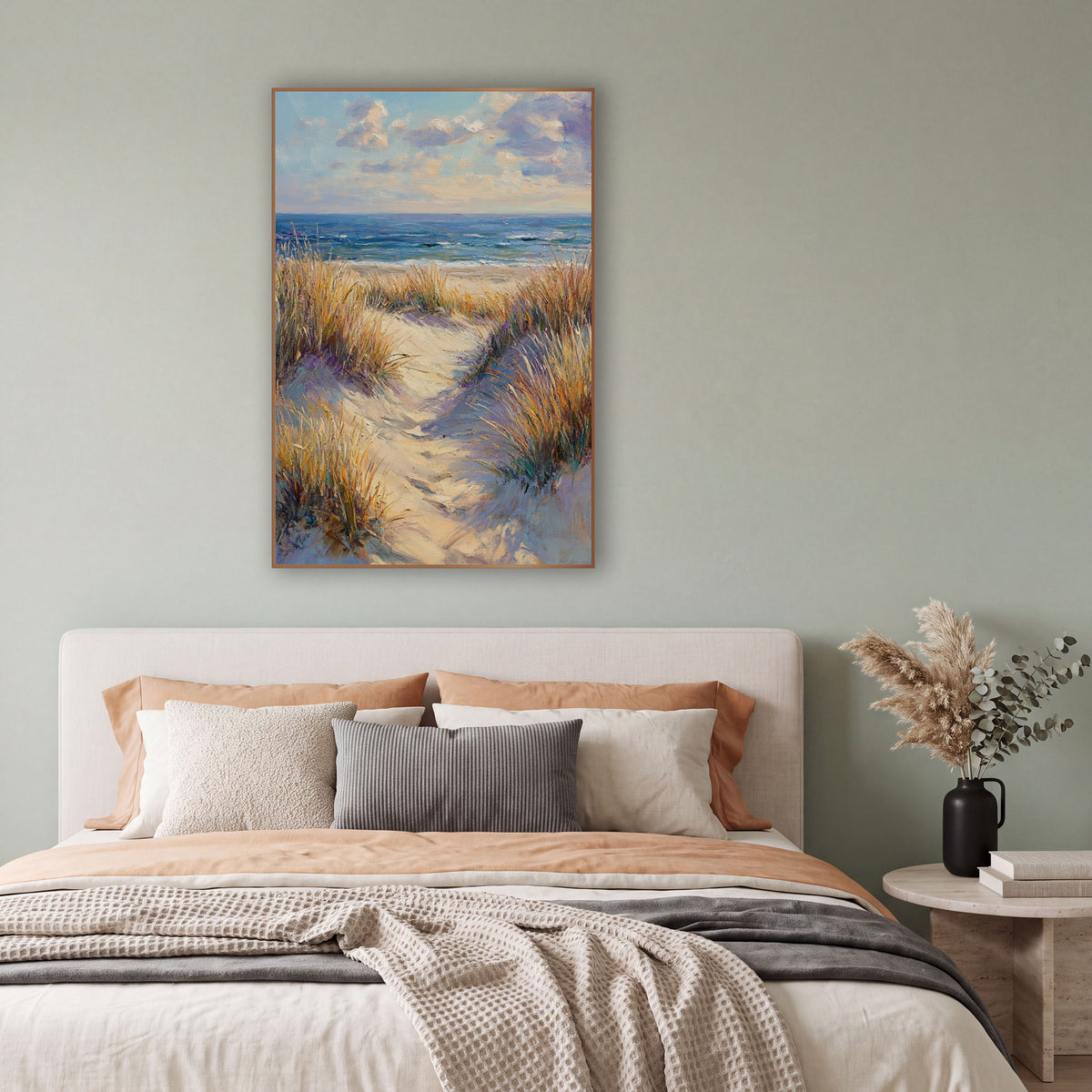 Sunlit Dune Path Coastal Seascape wall art in a bright coastal-style room – sandy dune path between golden beach grass