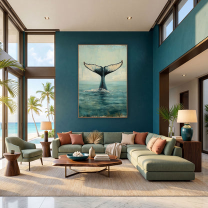 Rising Whale Tail Coastal Seascape wall art in a bright coastal-style room – whale tail rising from calm teal sea
