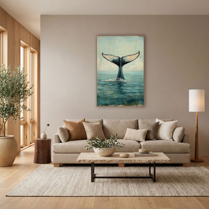 Rising Whale Tail Coastal Seascape wall art in a bright coastal-style room – whale tail rising from calm teal sea