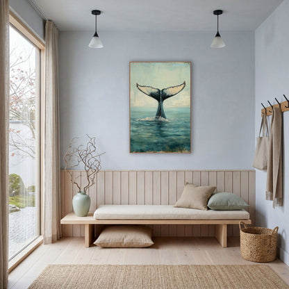 Rising Whale Tail Coastal Seascape wall art in a bright coastal-style room – whale tail rising from calm teal sea