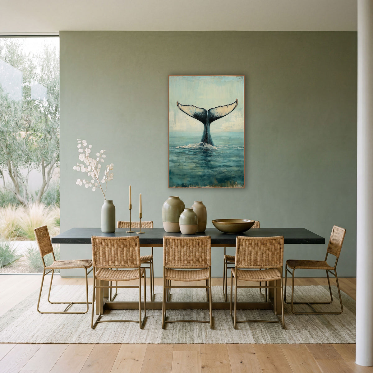 Rising Whale Tail Coastal Seascape wall art in a bright coastal-style room – whale tail rising from calm teal sea