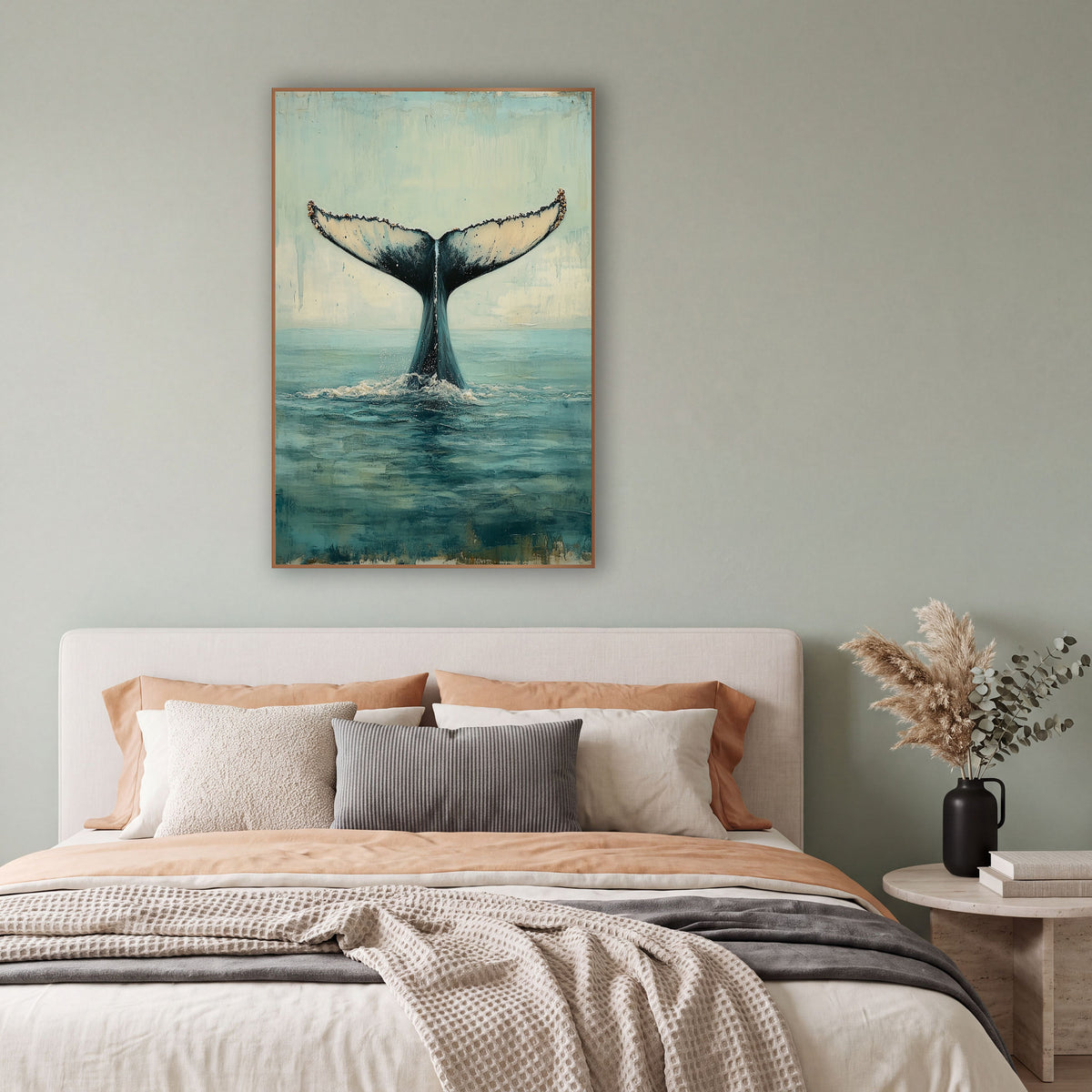 Rising Whale Tail Coastal Seascape wall art in a bright coastal-style room – whale tail rising from calm teal sea