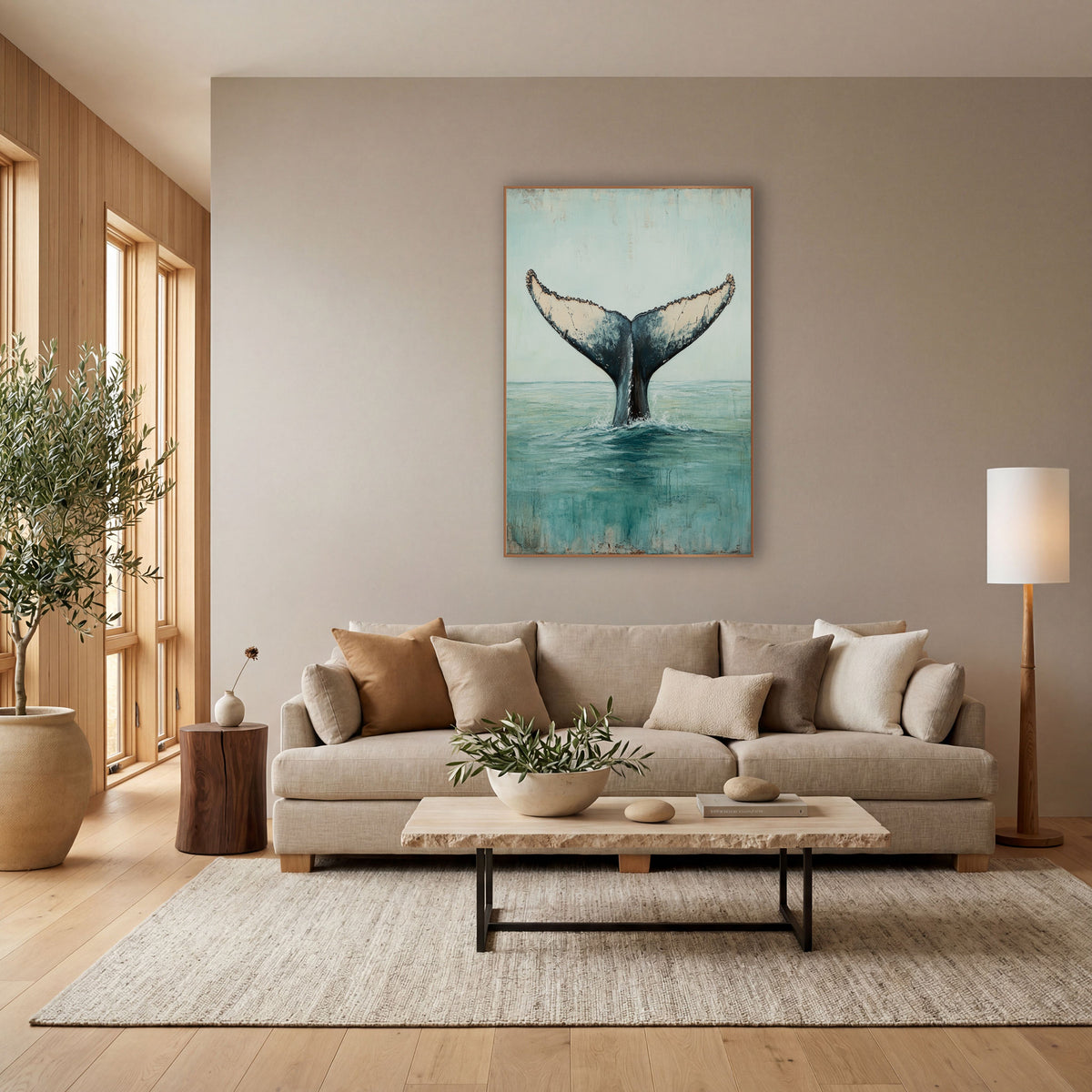 Whale Tail Rising Coastal Seascape wall art in a bright coastal-style room – whale tail rising from calm teal ocean