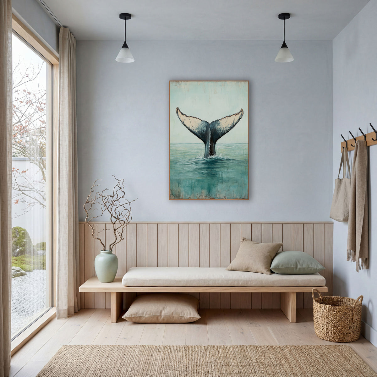 Whale Tail Rising Coastal Seascape wall art in a bright coastal-style room – whale tail rising from calm teal ocean