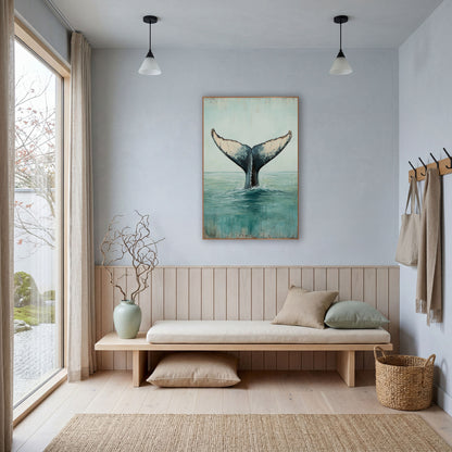 Whale Tail Rising Coastal Seascape wall art in a bright coastal-style room – whale tail rising from calm teal ocean