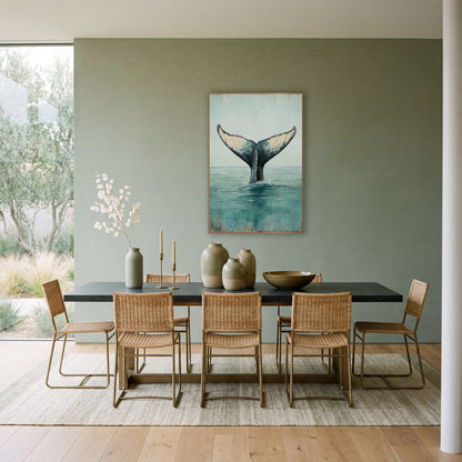 Whale Tail Rising Coastal Seascape wall art in a bright coastal-style room – whale tail rising from calm teal ocean