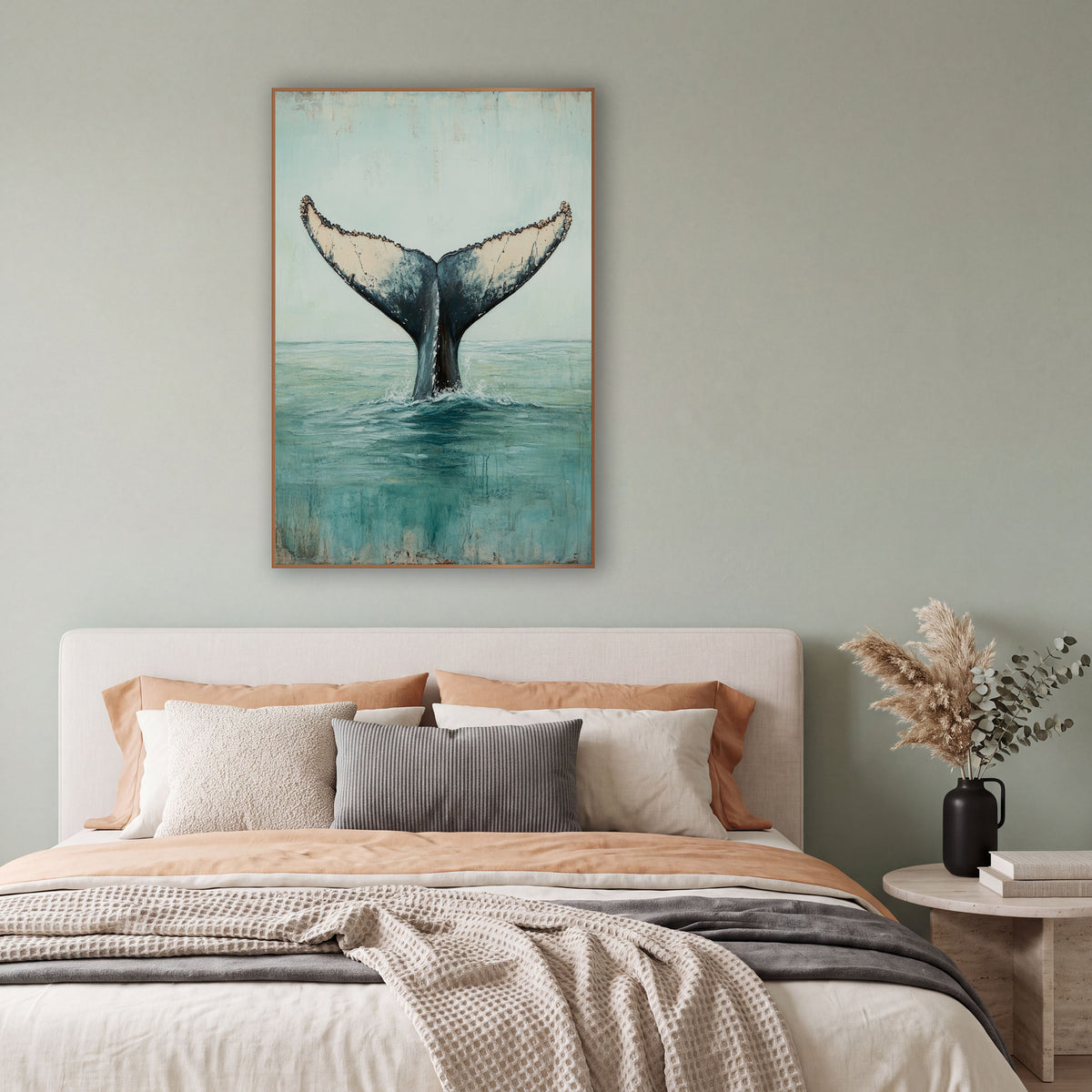 Whale Tail Rising Coastal Seascape wall art in a bright coastal-style room – whale tail rising from calm teal ocean