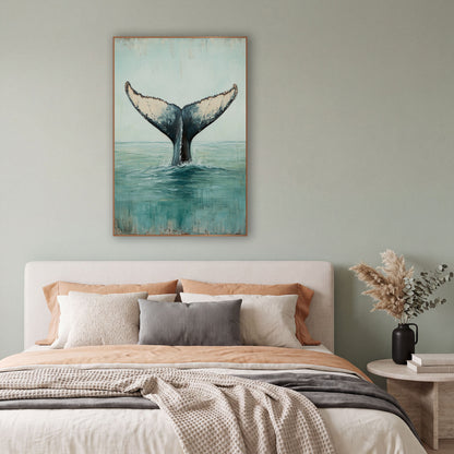 Whale Tail Rising Coastal Seascape wall art in a bright coastal-style room – whale tail rising from calm teal ocean