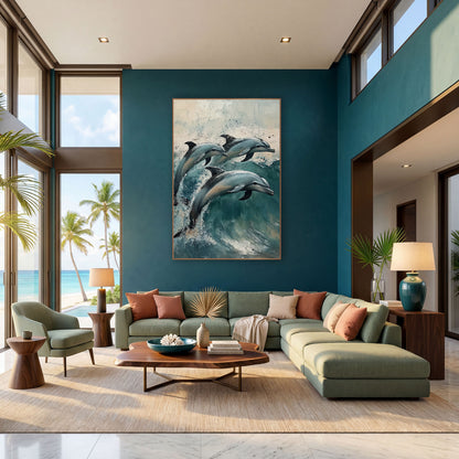 Side Profile Dolphins Teal Surf Coastal wall art in a bright coastal-style room – three blue-gray dolphins leaping