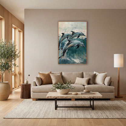Side Profile Dolphins Teal Surf Coastal wall art in a bright coastal-style room – three blue-gray dolphins leaping