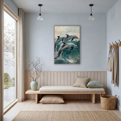 Side Profile Dolphins Teal Surf Coastal wall art in a bright coastal-style room – three blue-gray dolphins leaping