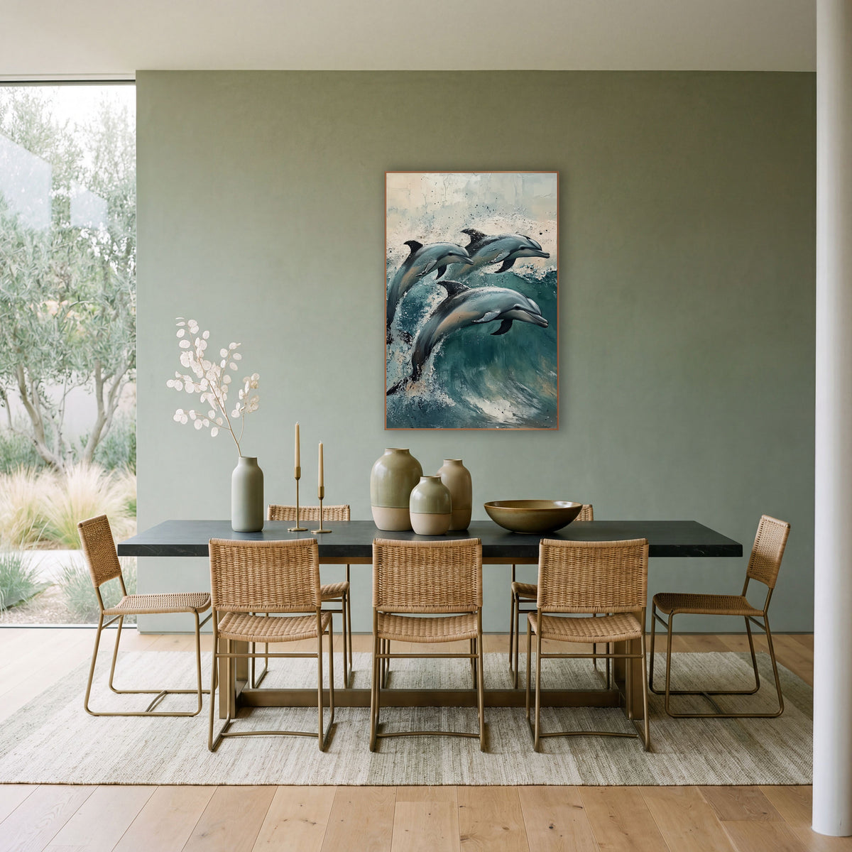 Side Profile Dolphins Teal Surf Coastal wall art in a bright coastal-style room – three blue-gray dolphins leaping