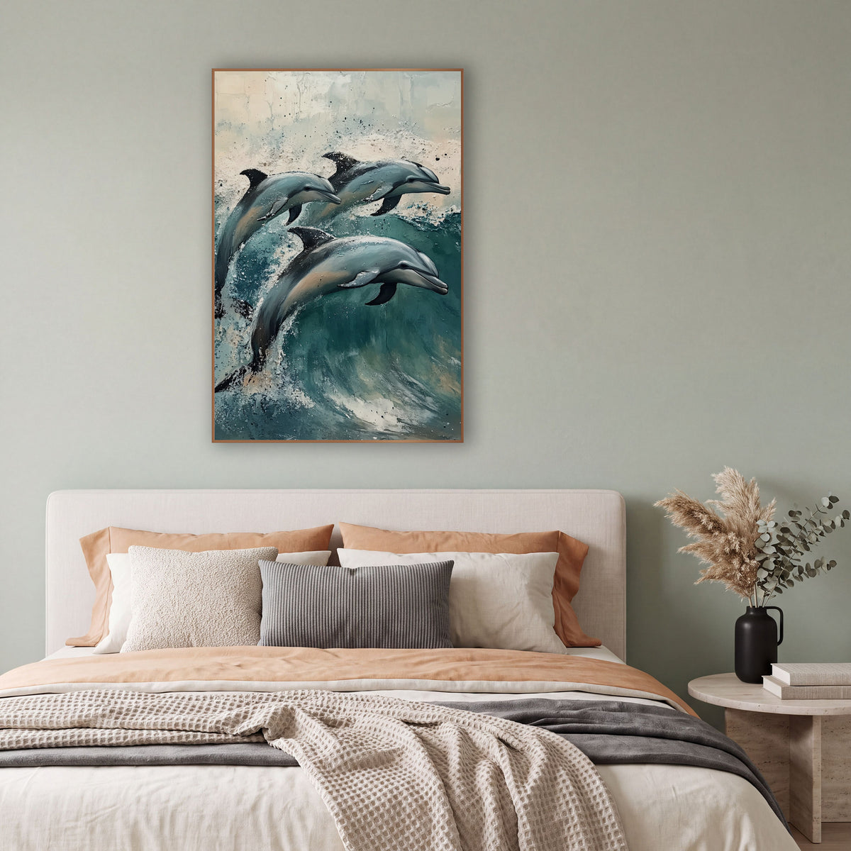 Side Profile Dolphins Teal Surf Coastal wall art in a bright coastal-style room – three blue-gray dolphins leaping