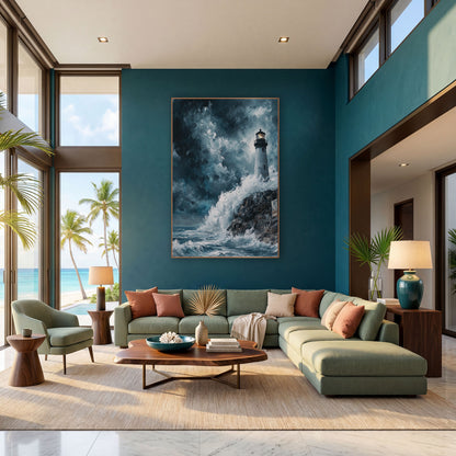 Cliffside Lighthouse Surf Dramatic Coastal wall art in a bright coastal-style room – gray lighthouse with glowing