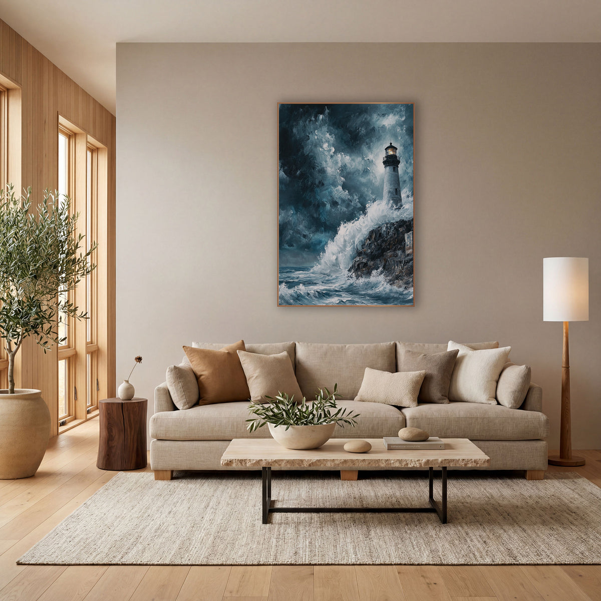 Cliffside Lighthouse Surf Dramatic Coastal wall art in a bright coastal-style room – gray lighthouse with glowing