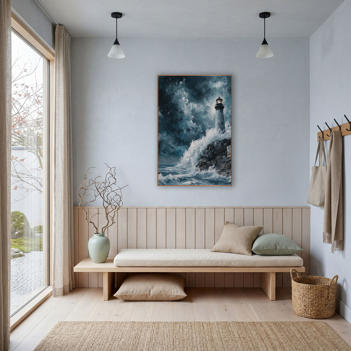 Cliffside Lighthouse Surf Dramatic Coastal wall art in a bright coastal-style room – gray lighthouse with glowing