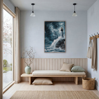 Cliffside Lighthouse Surf Dramatic Coastal wall art in a bright coastal-style room – gray lighthouse with glowing