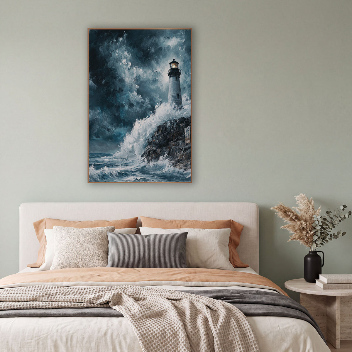Cliffside Lighthouse Surf Dramatic Coastal wall art in a bright coastal-style room – gray lighthouse with glowing