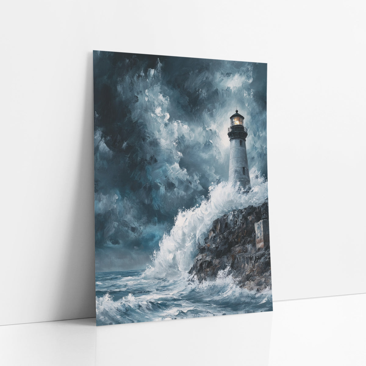 Cliffside Lighthouse Surf Dramatic Coastal art print leaning against a white wall – gray lighthouse with glowing lantern