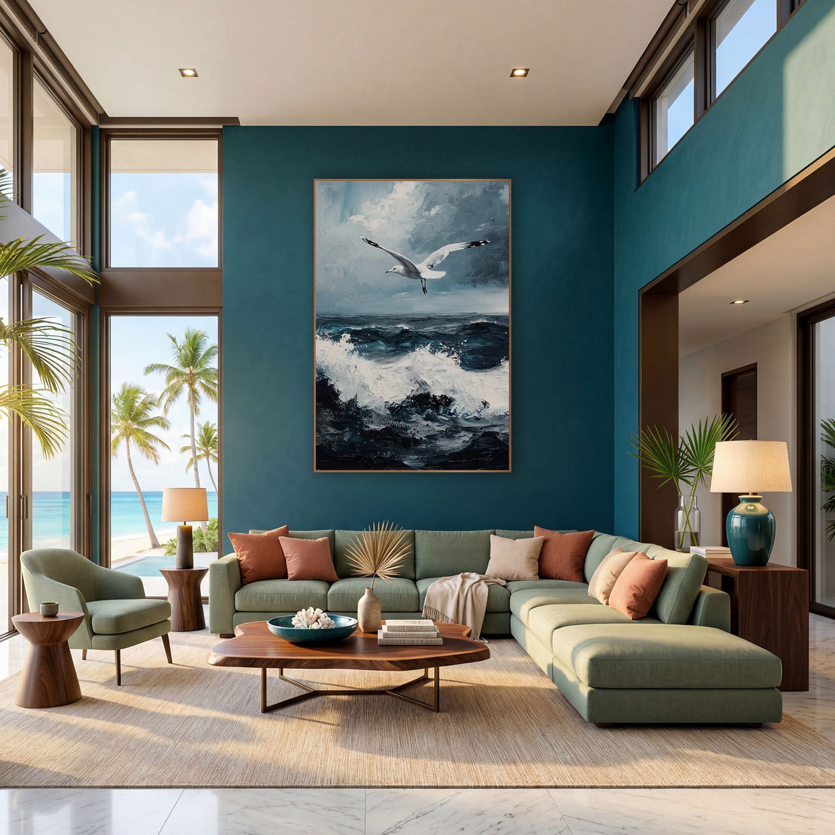 Soaring Seagull Stormy Seascape Coastal wall art in a bright coastal-style room – white seagull with outstretched