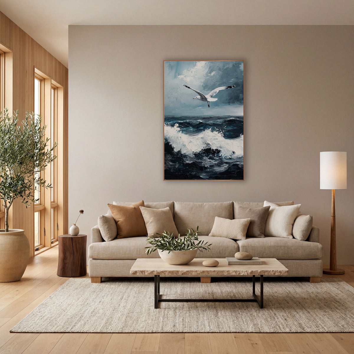 Soaring Seagull Stormy Seascape Coastal wall art in a bright coastal-style room – white seagull with outstretched