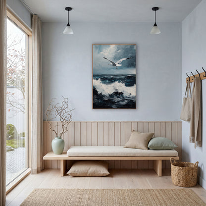 Soaring Seagull Stormy Seascape Coastal wall art in a bright coastal-style room – white seagull with outstretched