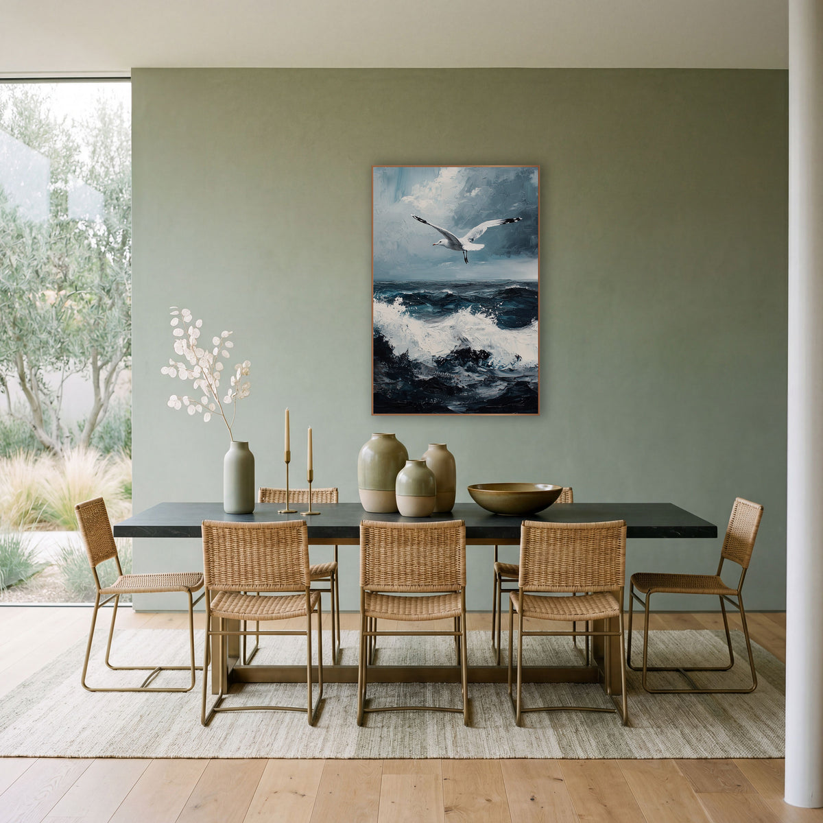 Soaring Seagull Stormy Seascape Coastal wall art in a bright coastal-style room – white seagull with outstretched
