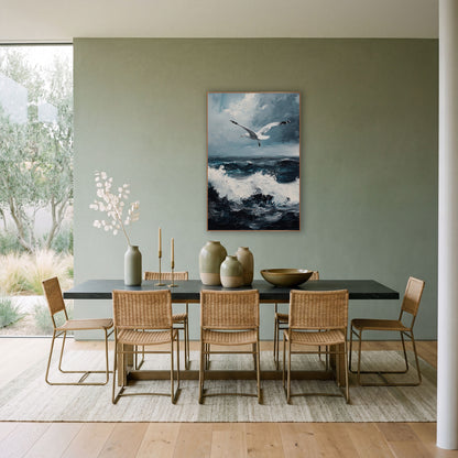 Soaring Seagull Stormy Seascape Coastal wall art in a bright coastal-style room – white seagull with outstretched