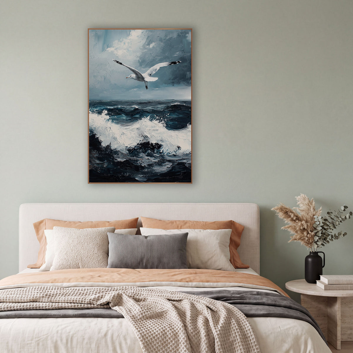 Soaring Seagull Stormy Seascape Coastal wall art in a bright coastal-style room – white seagull with outstretched