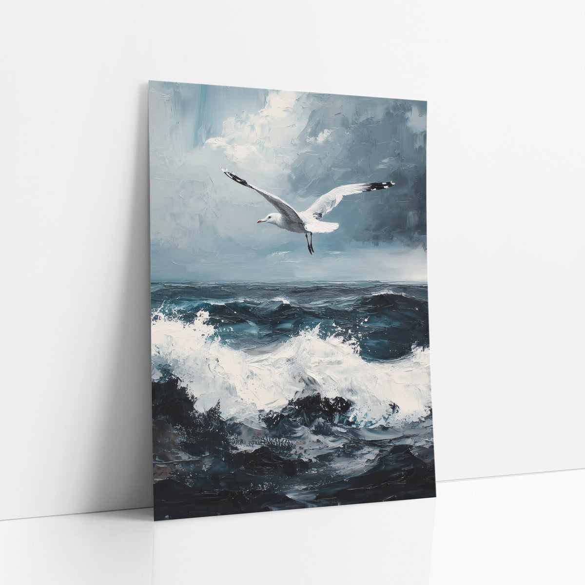 Soaring Seagull Stormy Seascape Coastal art print leaning against a white wall – white seagull with outstretched wings flying