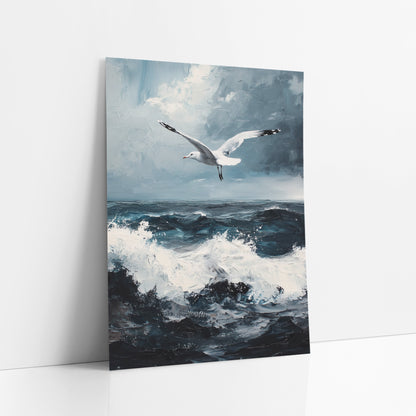 Soaring Seagull Stormy Seascape Coastal art print leaning against a white wall – white seagull with outstretched wings flying