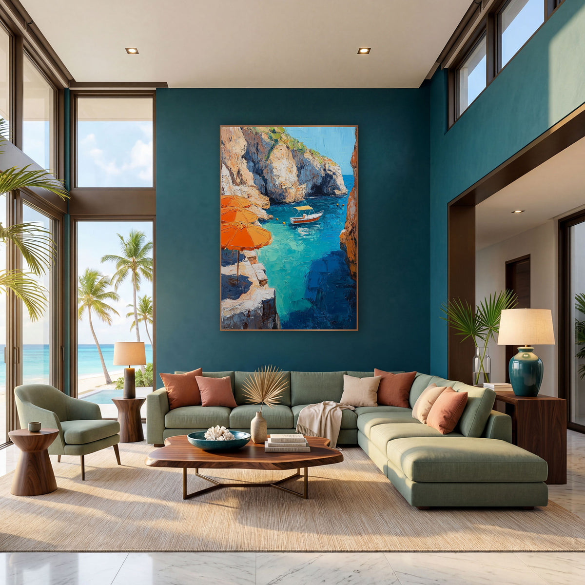 Umbrella Ledge Boat Inlet Coastal wall art in a bright coastal-style room – three orange umbrellas on a stone ledge