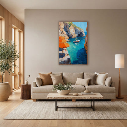 Umbrella Ledge Boat Inlet Coastal wall art in a bright coastal-style room – three orange umbrellas on a stone ledge
