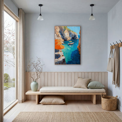 Umbrella Ledge Boat Inlet Coastal wall art in a bright coastal-style room – three orange umbrellas on a stone ledge