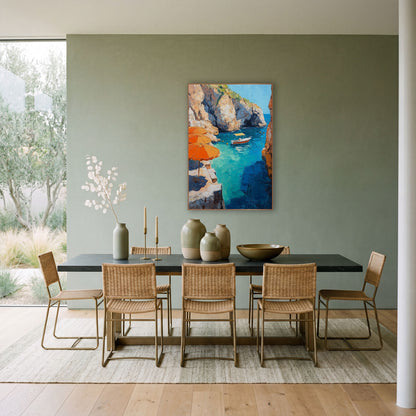 Umbrella Ledge Boat Inlet Coastal wall art in a bright coastal-style room – three orange umbrellas on a stone ledge