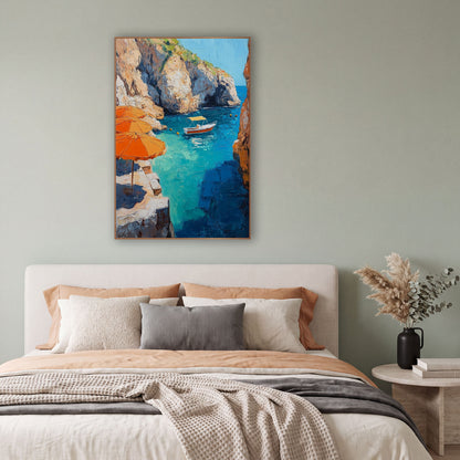 Umbrella Ledge Boat Inlet Coastal wall art in a bright coastal-style room – three orange umbrellas on a stone ledge