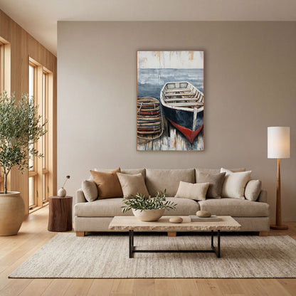 Navy Red Rowboat Dockside Coastal wall art in a bright coastal-style room – navy and red rowboat on weathered dock