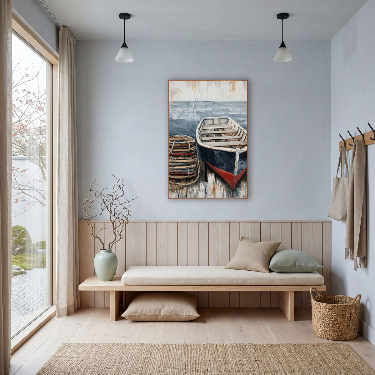 Navy Red Rowboat Dockside Coastal wall art in a bright coastal-style room – navy and red rowboat on weathered dock