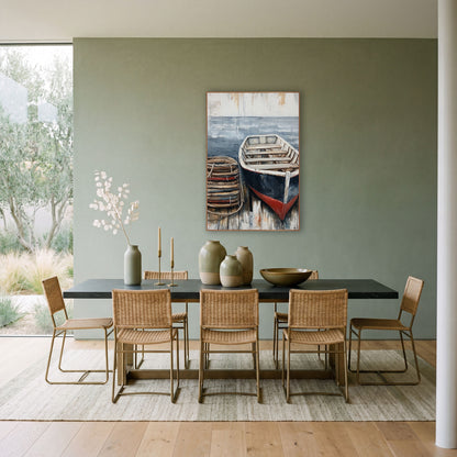 Navy Red Rowboat Dockside Coastal wall art in a bright coastal-style room – navy and red rowboat on weathered dock