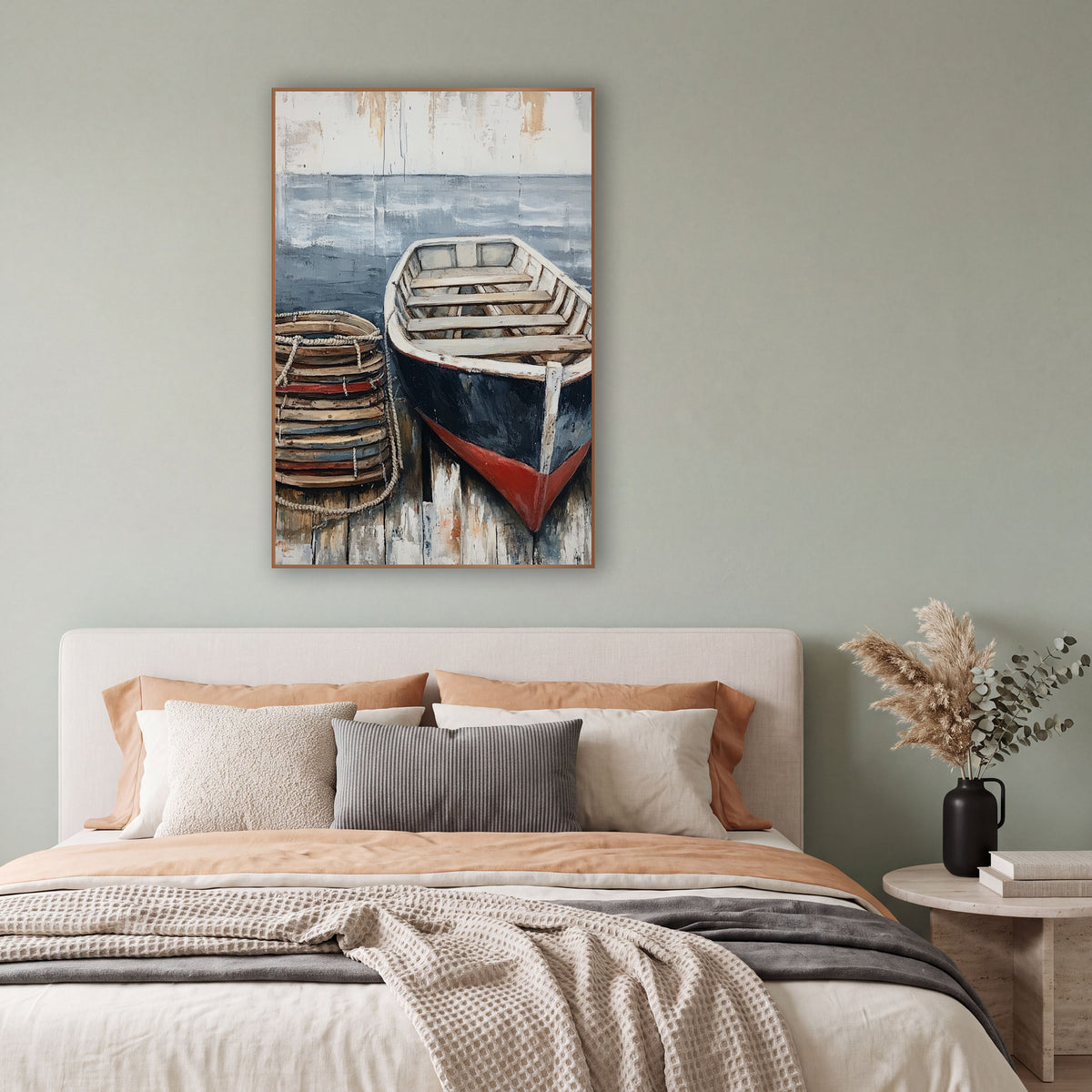 Navy Red Rowboat Dockside Coastal wall art in a bright coastal-style room – navy and red rowboat on weathered dock