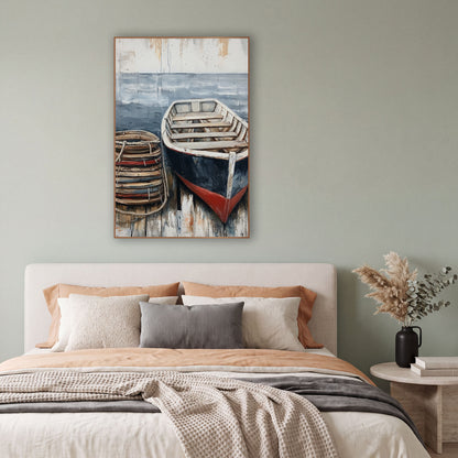 Navy Red Rowboat Dockside Coastal wall art in a bright coastal-style room – navy and red rowboat on weathered dock