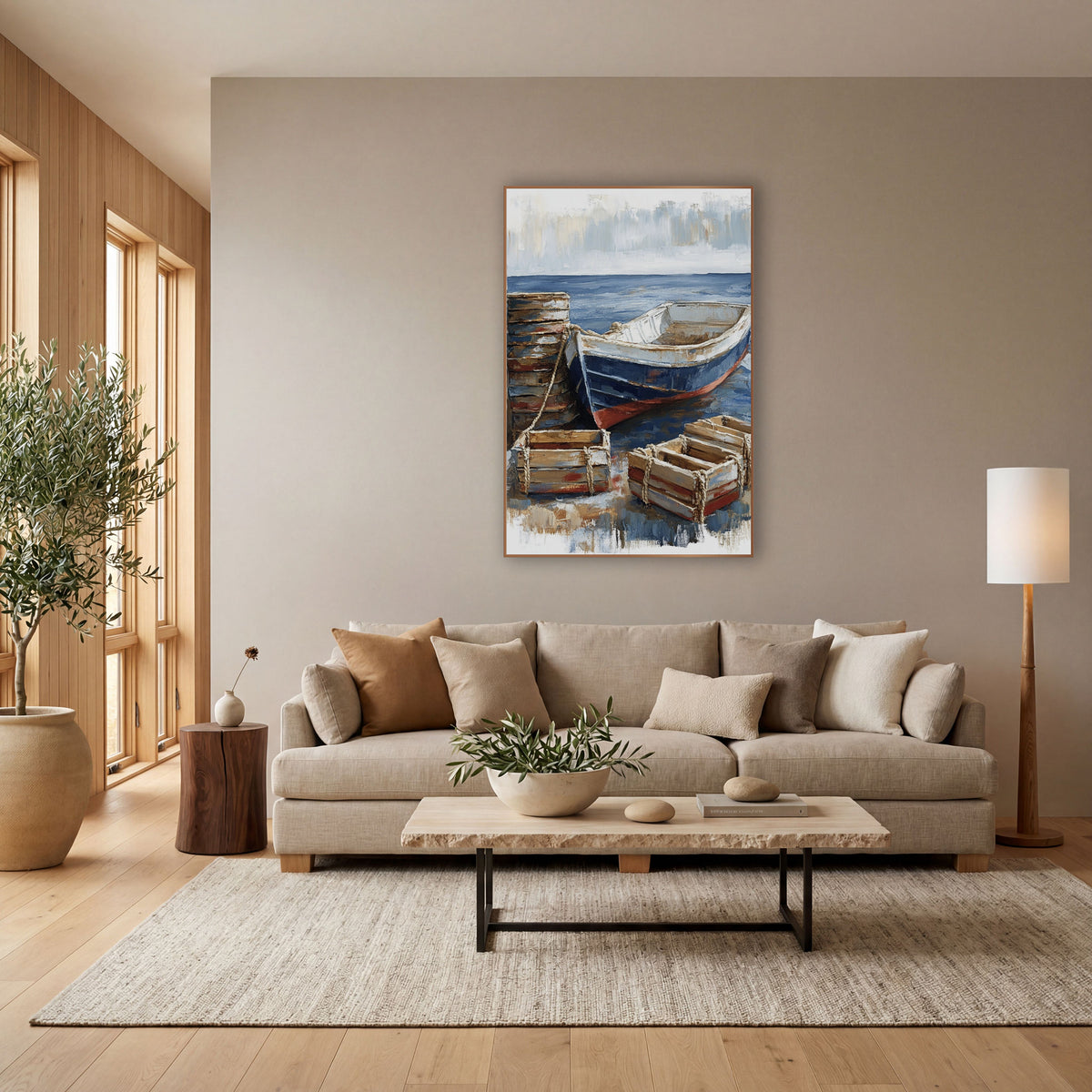 Navy Rowboat and Crates Coastal wall art in a bright coastal-style room – navy and white rowboat with red hull stripe