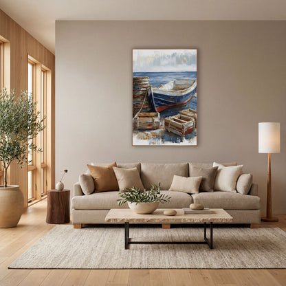 Navy Rowboat and Crates Coastal wall art in a bright coastal-style room – navy and white rowboat with red hull stripe