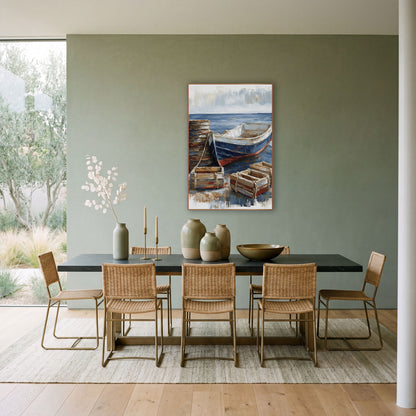 Navy Rowboat and Crates Coastal wall art in a bright coastal-style room – navy and white rowboat with red hull stripe